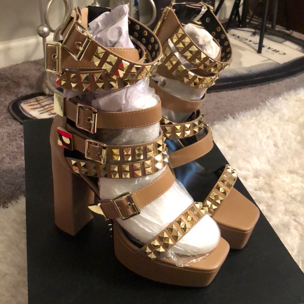 Nude Gold Studded Block Platform Heels